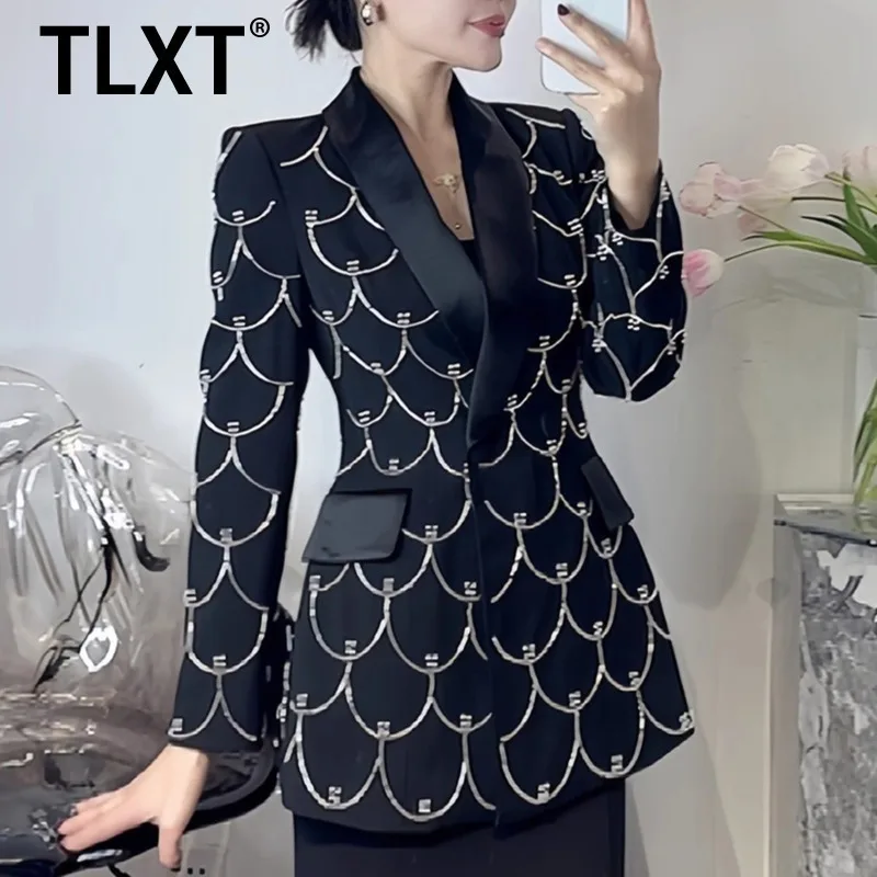 

TLXT элегантный женский темпераментный пиджак с цветными блоками и бусинами, элегантный пиджак с лацканами и длинными рукавами, женская модная одежда, новинка