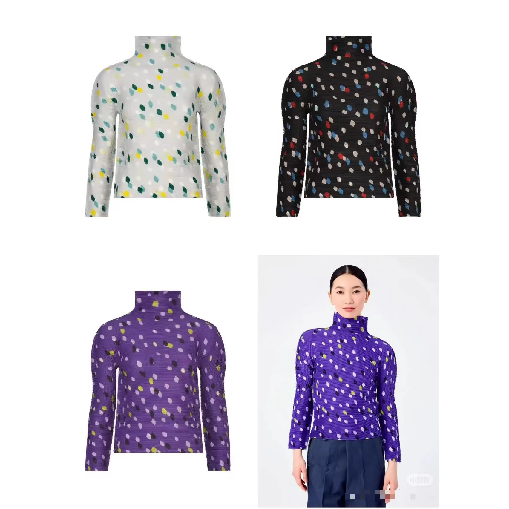 

Плиссированная футболка Miyake, новинка осени 2026, женская, приталенная, с высоким воротником, модная, повседневная, с принтом, с длинным рукавом, топ