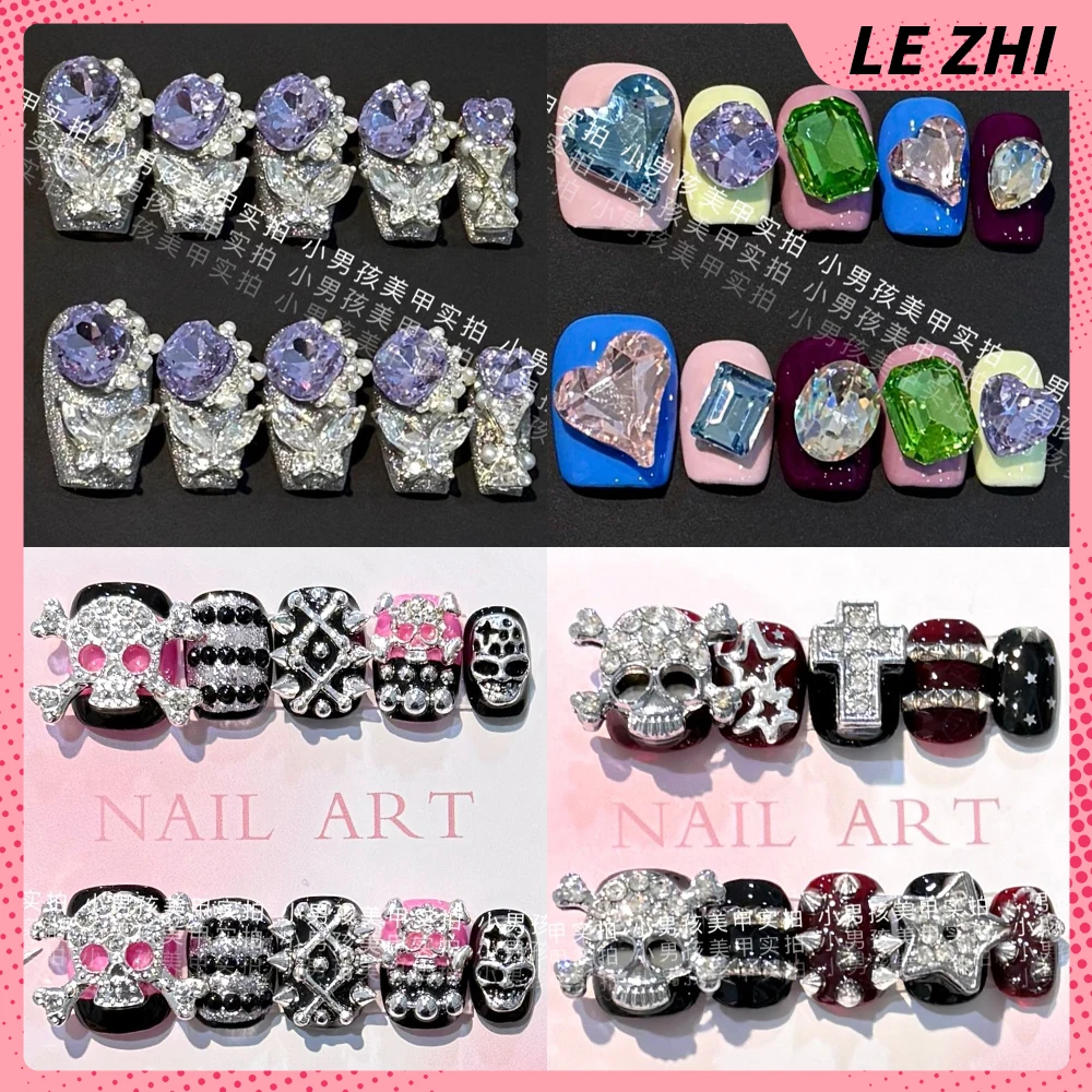 

Handmade Luxury Court Short Square Press On False Nail 3D Shining Colorful Love Butterfly Diamond Reusable Full Cover Fake Nails