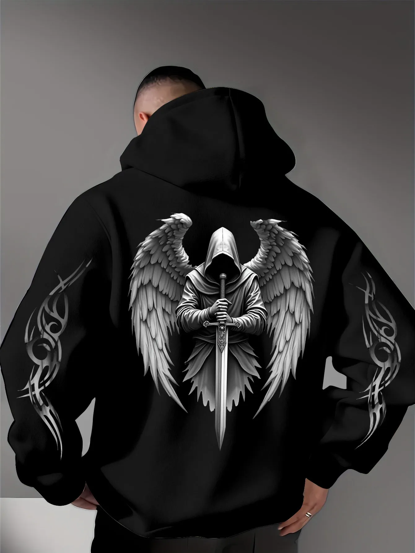 Men's Guardian Angel Hoodie Hip Hop Sports Casual Streetwear Warrior Sword Tribal Print Oversized Pullover Sweatshirt Tops