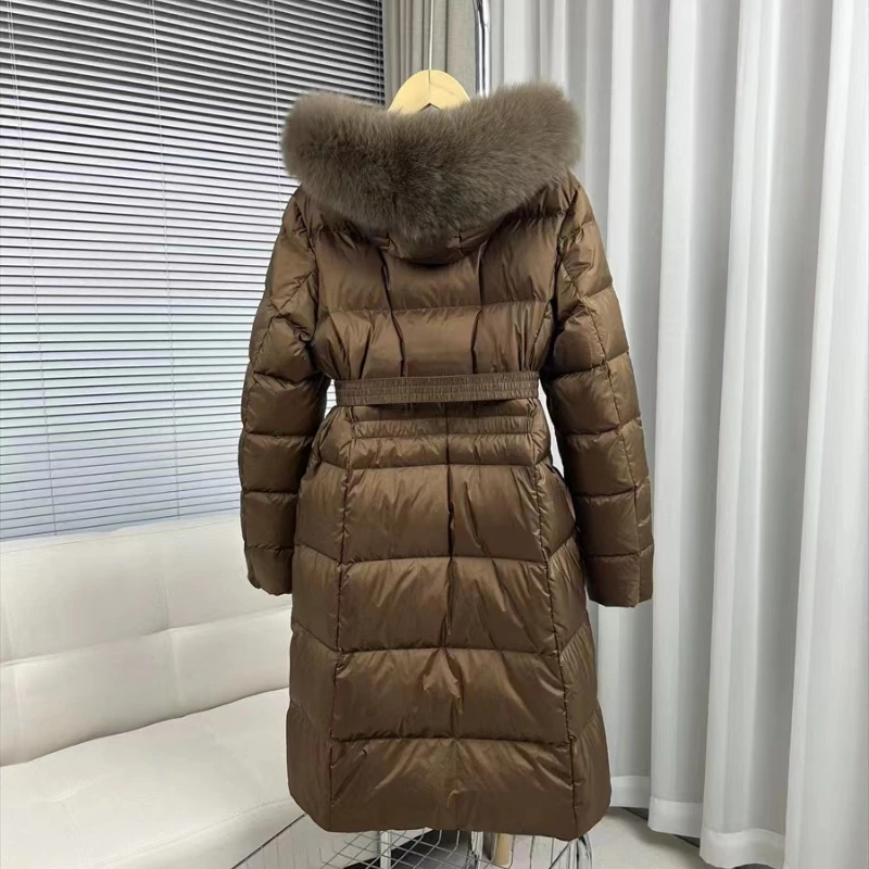 Long Style Fox Fur Collar Hooded 90% White Duck Down Coat Women Fashion Zipper Front Slim Waist Winter Thick Puffer Jacket