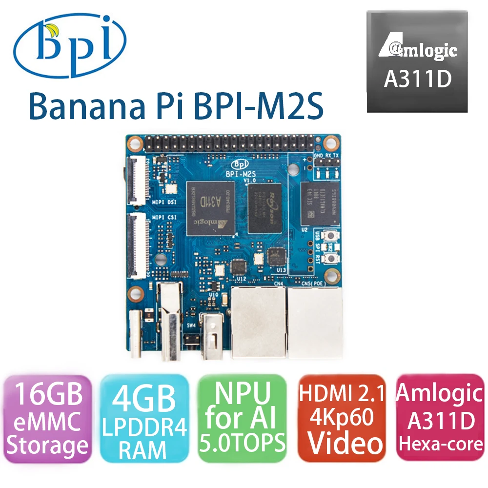 

Banana Pi BPI-M2S SoC Amlogic A311D And S922X Hexa-core 4GB LPDDR4 RAM 16GB eMMC Video HDMI 2.1 4Kp60 OS Ubuntu Debian Android