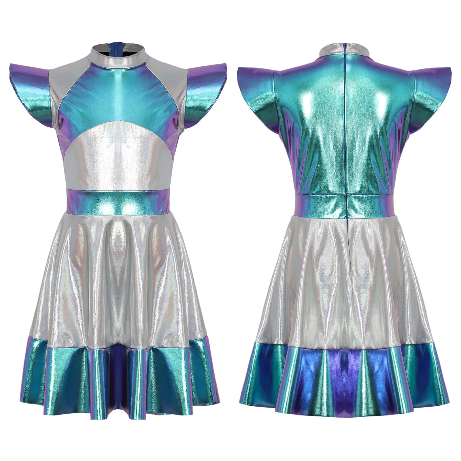 Kids Girls Alien Outer Space Role Play Dress Halloween Cosplay Cutie Costume Cap Sleeve Glossy Metallic Color Block Dress