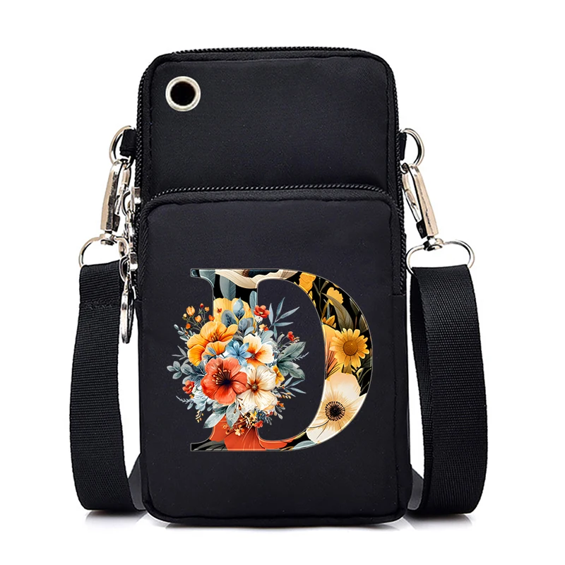 Watercolor Vintage 26 Letters A-Z Women Mobile Phone Bag Plant Floral Alphabet Mini Purses Handbags Small Shoulder Crossbody Bag