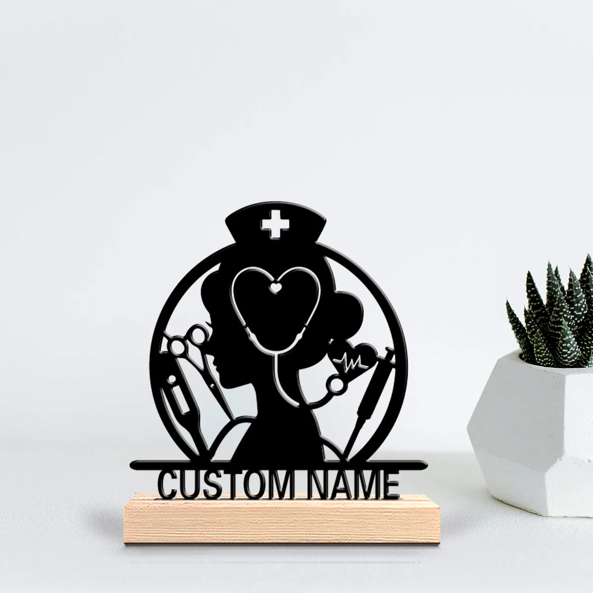 1pc Mysterious Personalized Custom nurse Metal Statues Wooden Base Lighting for Office Workshop Modern Rustic Steampunk Themes