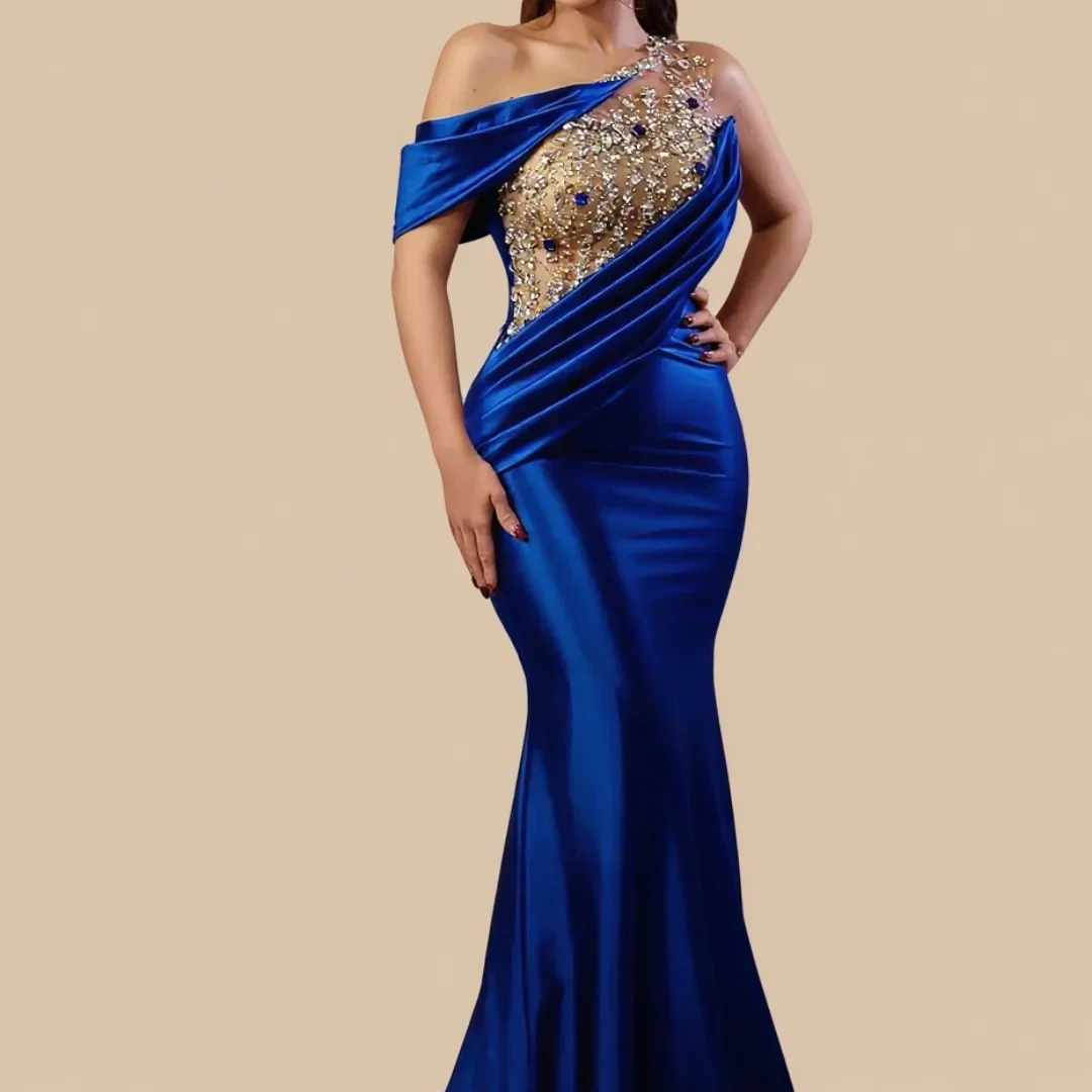 

Customized Luxury Satin Mermaid Crystal Off the Shoulder Evening Dress High Quality Floor Length prom dresses Custom Size