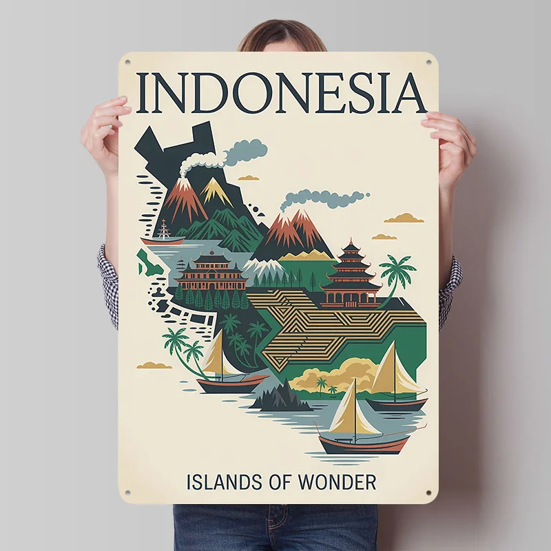 Indonesia: Islands of Wonder Travel Poster Customized Vintage Metal Signs Wall Art Retro Tin Plaque for Living Room Decorations
