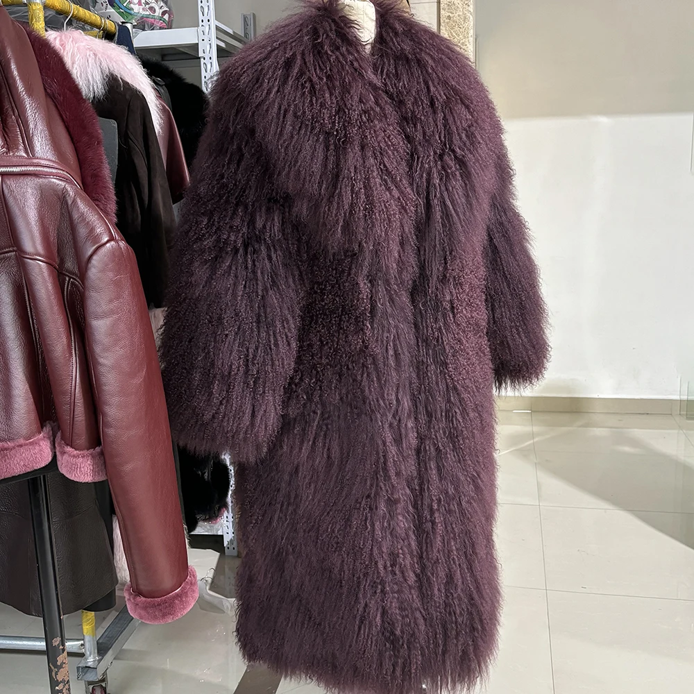 YOLOAgain 2024 Winter Warm Turn-Down Collar Real Mongolia Sheep Fur Jacket Long Women Plus Size 6XL Outerwear