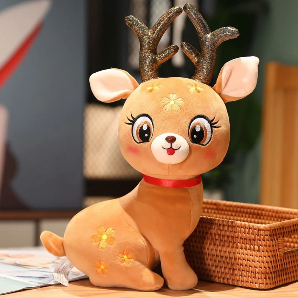 30CM Cute Fawn Plush Toy Sika Deer Santa Claus Mount Big Eyes Flower Embroidery Animal Send Children's Birthday Christmas Gift