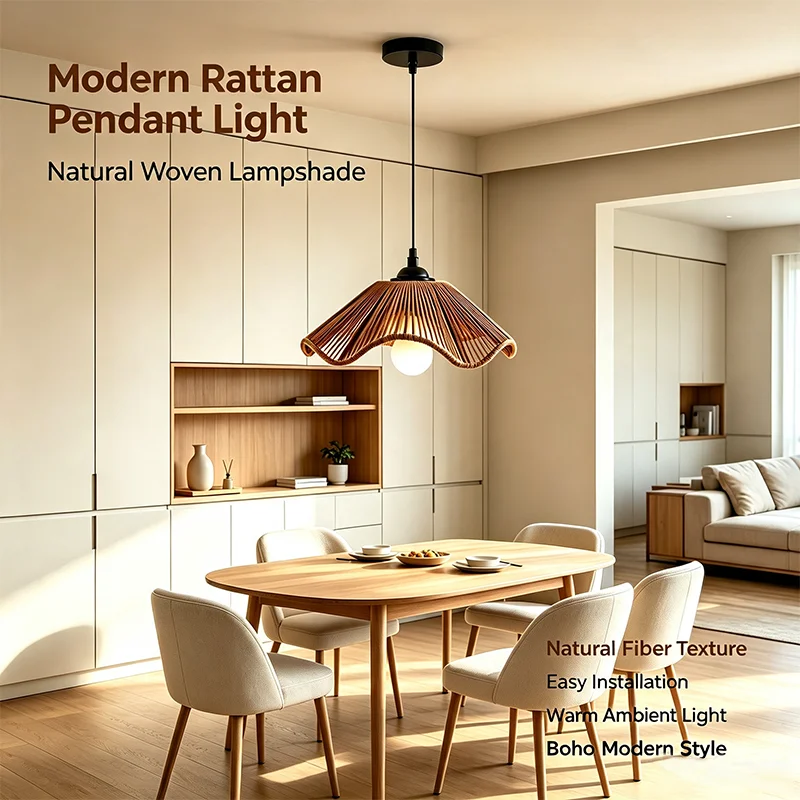 Rattan Woven Pendant Light Wavy Shade Bohemian Farmhouse Hanging Lamp for Kitchen Dining Room Bedroom Cafe Furnish