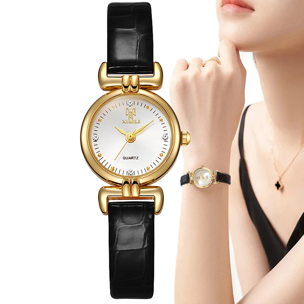 UTHAI New Women\'s Watch with Small Dial and Diamond Inlaid Female Fashion Quartz Watches Black Leather Student Clock Wristwatch