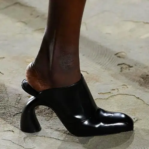 New Black Shiny Patent Leather Square Toe Slip On Strange Style Mules Women Fashion Run Way High Heel Modern Slippers Shoes Lady