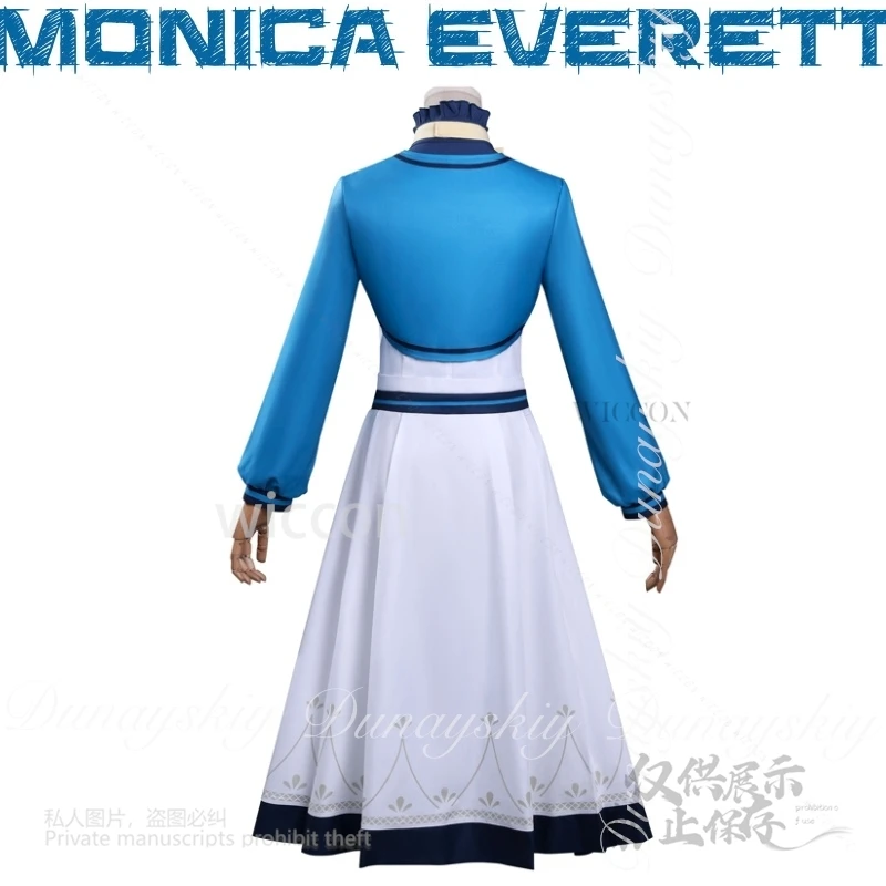 أسرار مو الساحرة الصامتة أنيمي مونيكا ايفريت تأثيري مع فستان أزرق أبيض لون القهوة شعر مستعار زي جميع مجموعة كوس