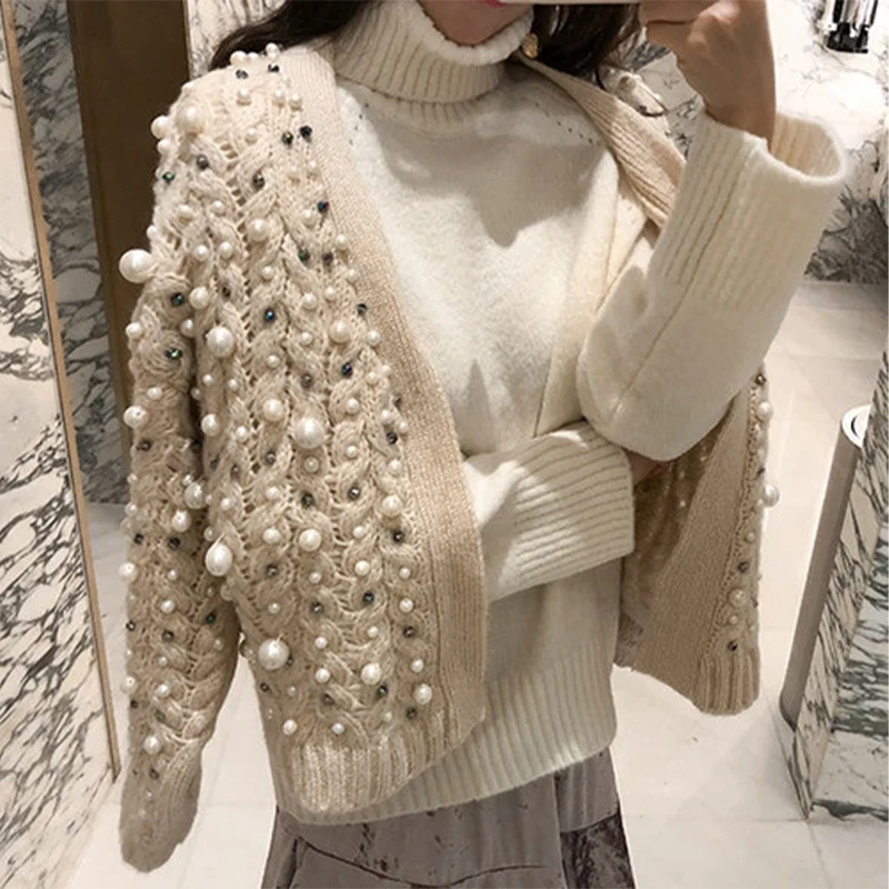 Good Quality Pearl Beading Sweater Cardigan Coat Handmade Diamonds Thick Coat Long Sleeve Autumn Winter Women Clothing 39922