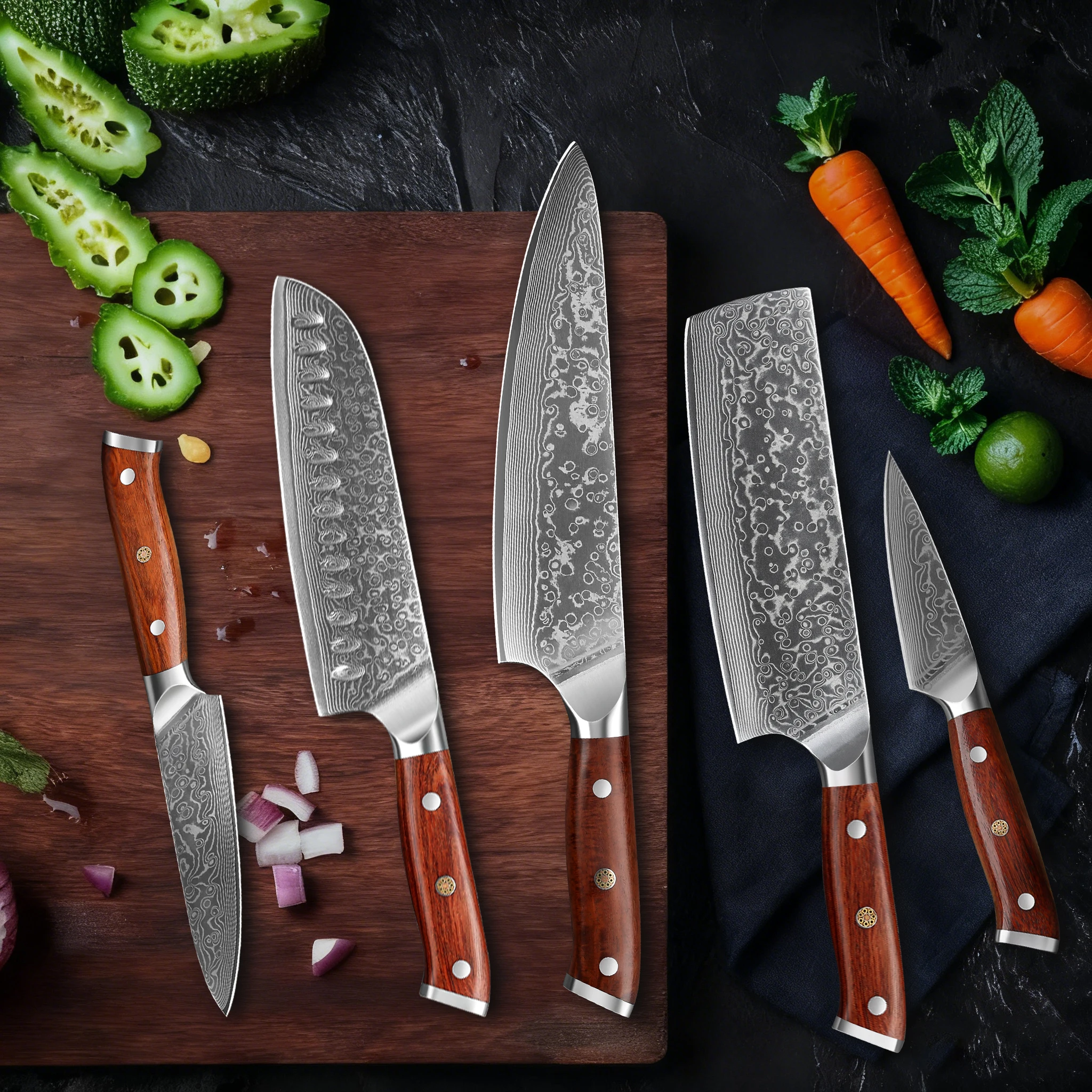 7PCS Chef Knife Set Kitchen Knife Set 67 Layers Damascus Steel Rosewood Handle 60HRC Sharpness Gift Box Kitchen Tool