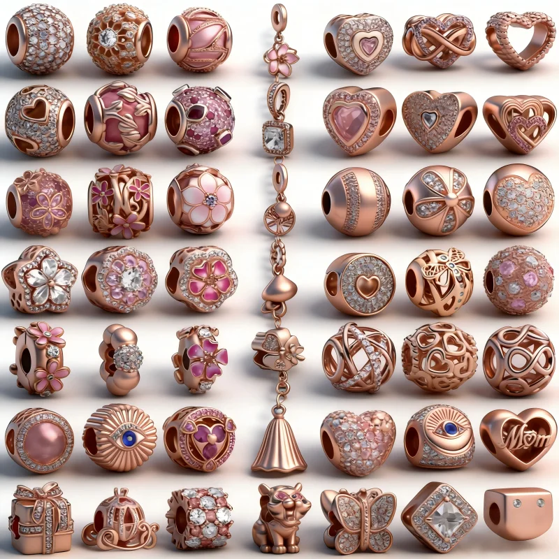 

Новые шармы-бусины из серебра S925 с покрытием из розового золота, в форме полых цветов, листьев и игральных костей, в подарочной коробке, для самостоятельного изготовления, подходят для браслетов и ожерелий, женские бутик-украшения