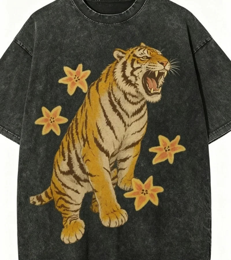 Vintage Washed Black Tiger T-Shirt Retro Japanese Ukiyo-e Style Streetwear Casual Oversized Animal Graphic Tee for Men Women
