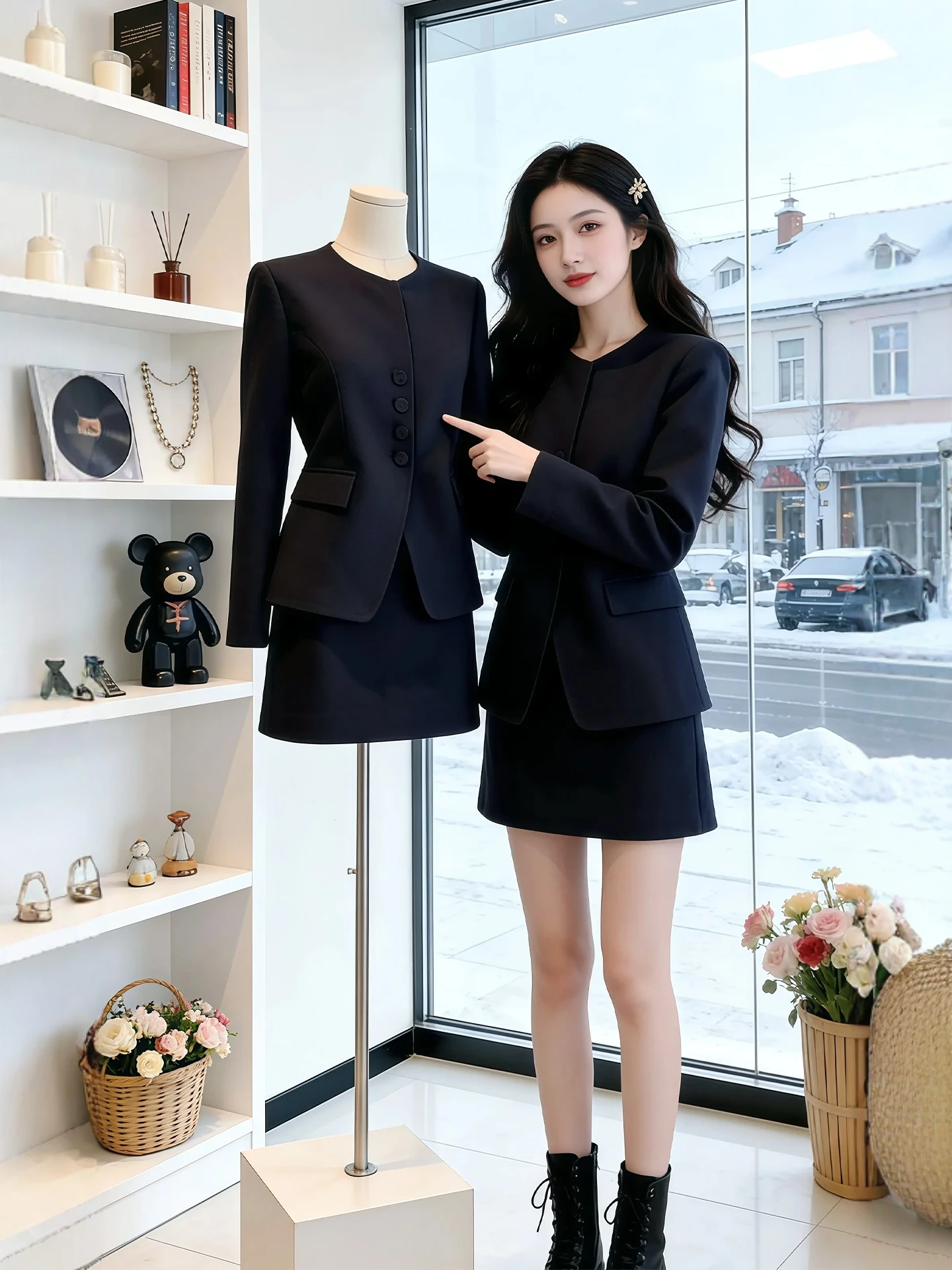 

Black Suit Jacket And Skirt Two-Piece Set for Women Autumn Winter Fashion Casual Loose Fit High Waist Button Style
