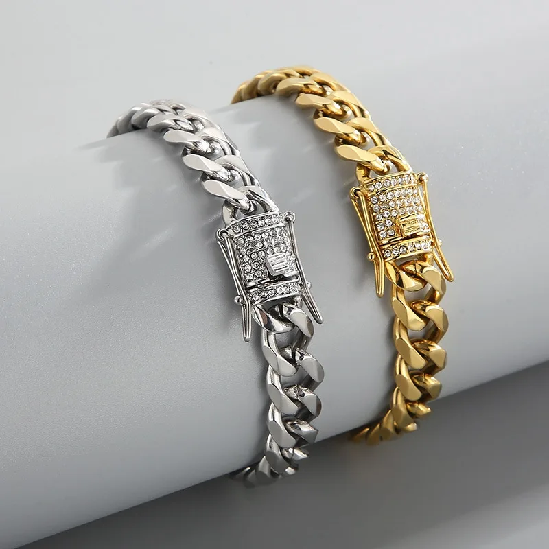 

2025 New Arrival Stainless Steel Miami Curb Cuban Chain Crystal Bracelet Casting Lock Clasp Mens Link jewelry
