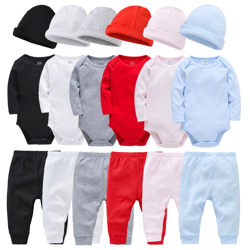 3 Pieces Set 100% Cotton Baby Rompers Pants Hat Blank Colors Kids Trousers Plain Newborn Clothing Muslin Bodysuit Clothes