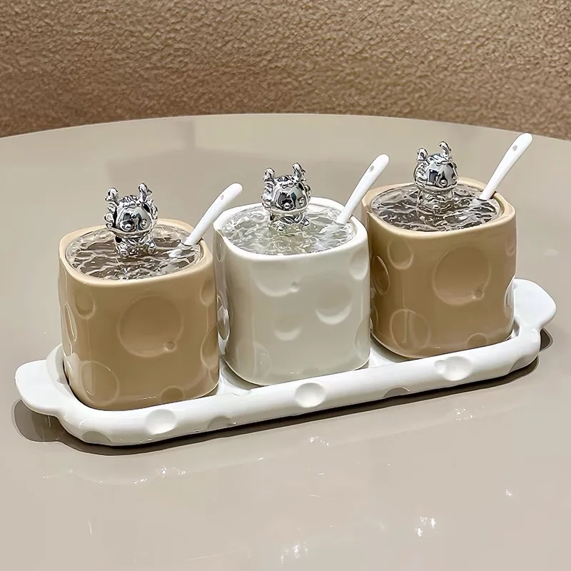 Ceramic Seasoning Jar Set With Tray And Spoon Cute Animal Lid Salt Pepper Pot Kitchen Condiment Storage Container Organizer