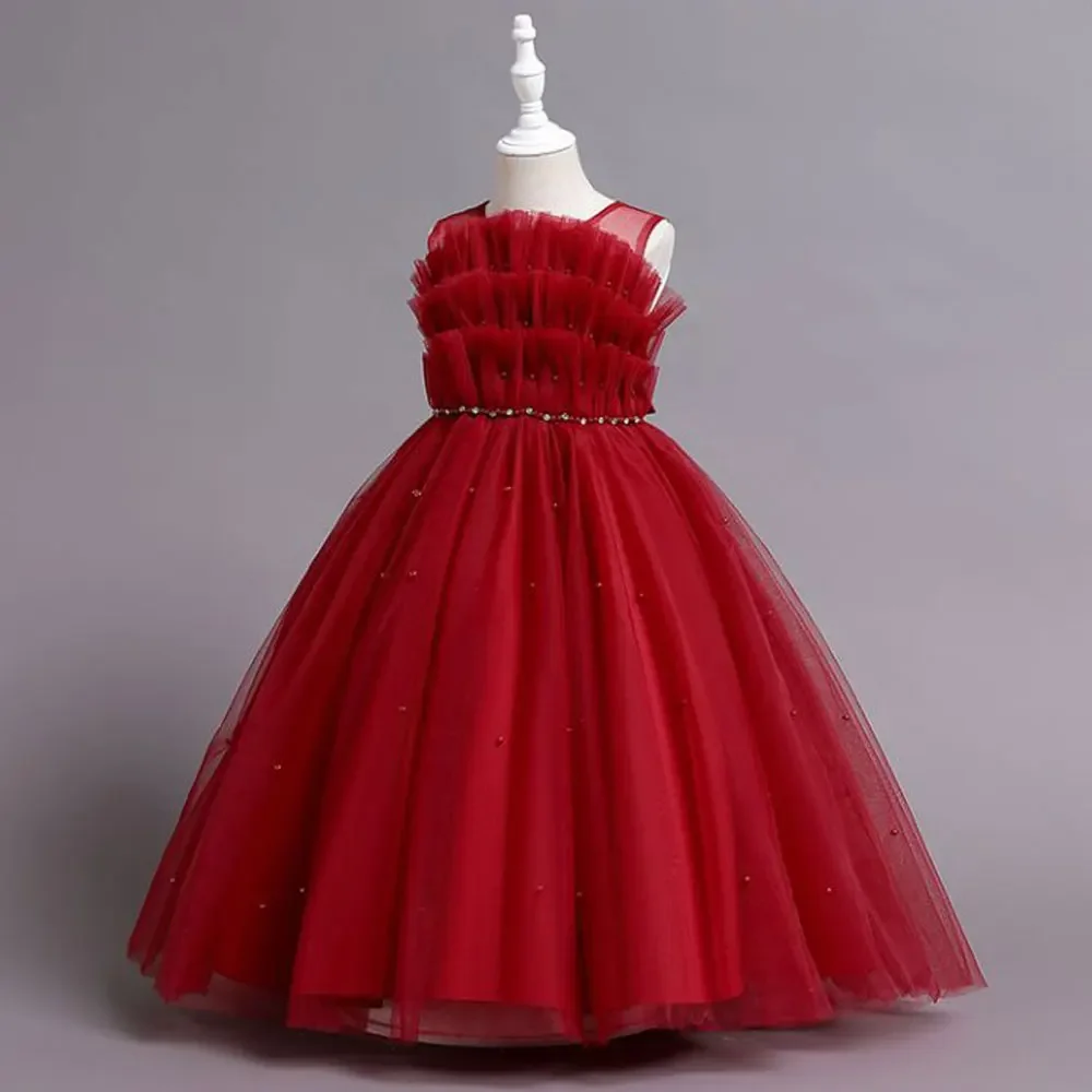 Vestido de Princesa Longo Feminino com Cinto de Pérolas, Roupa Infantil, Vestido de Baile, Elegante, Festa, Casamento, Natal, 3-12Y