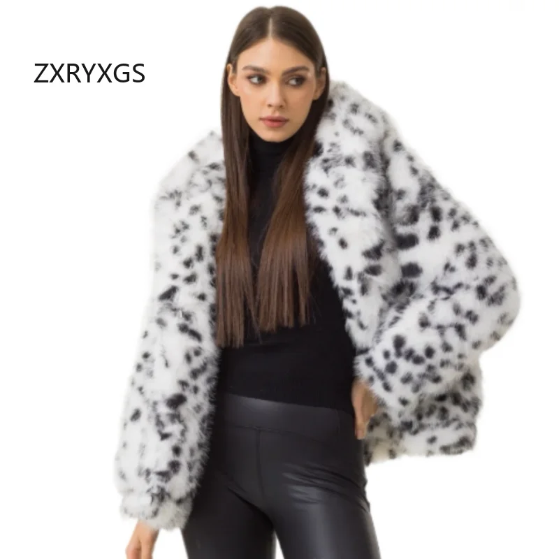 ZXRYXGS Black and White Spotted Faux Fur Coat Women's Clothing 2026 Winter Mid To Long Hooded Women's Coat Fashionable Jackets