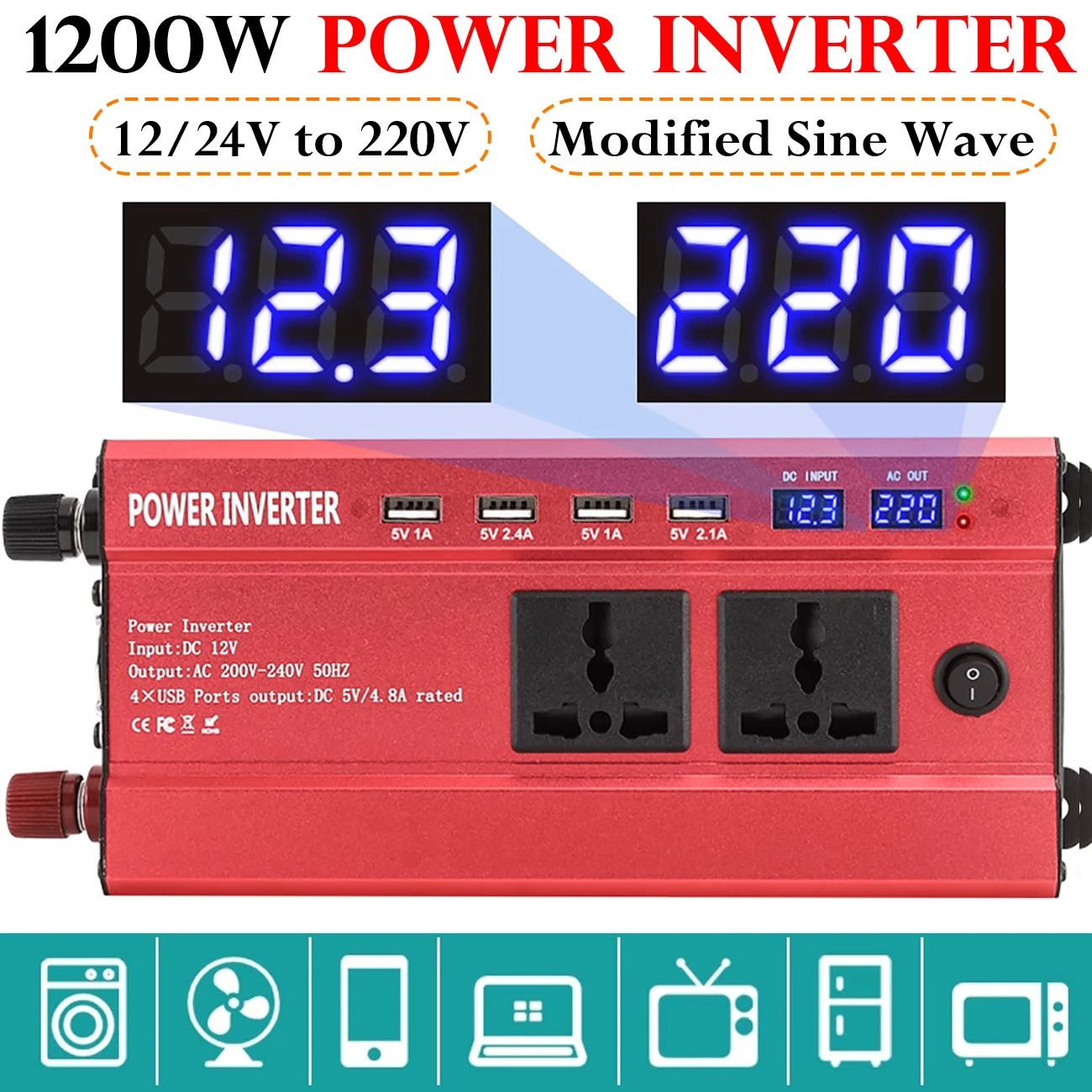 para 220v inversor de energia solar inteligente lcd dupla interface 4usb modificado inversor de energia de onda senoidal 1200w 12 24v 01