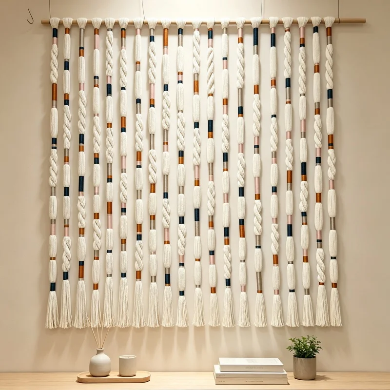 Handwoven Macrame Wall Hanging Curtain Knotted Rope Tassel Tapestry Wooden Stick Boho Home Partition Wall Ornament