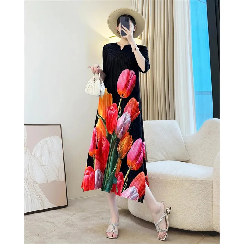 Hochwertige Damenkleider, plissiertes Kleid, Damen-Herbst-Strandrock am Meer, modisches Temperament, bedruckt, Lssey Miyake, langer Rock