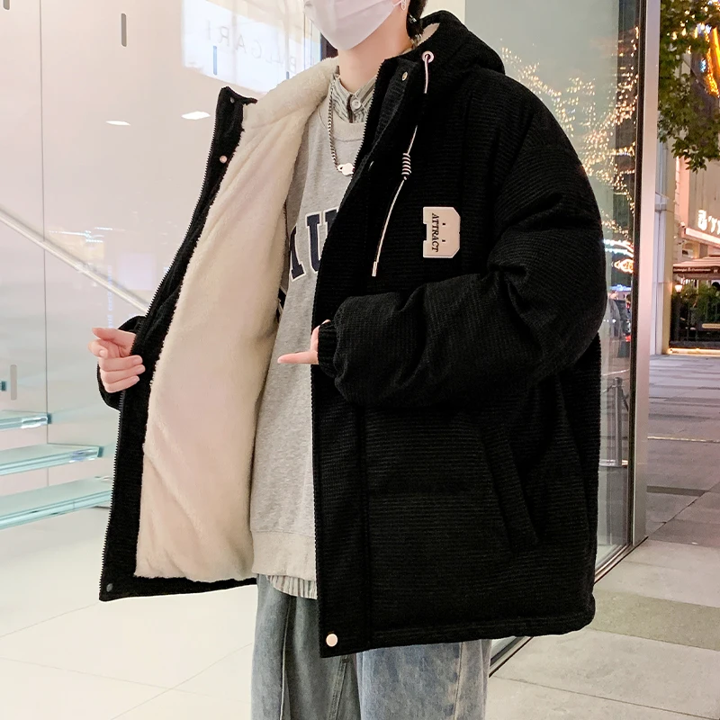 2025 Autumn Winter Men's Khaki Caramel Color Lamb Wool Cotton Jacket Black Green Fleece Lined Thickened Warm Hooded Coat