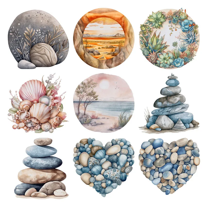 Beach scenery love Pebble pile stone shell DTF Thermo Sticker Decals Heat Transfer Clothes Clothing Crafts Ironing Diy Accessory