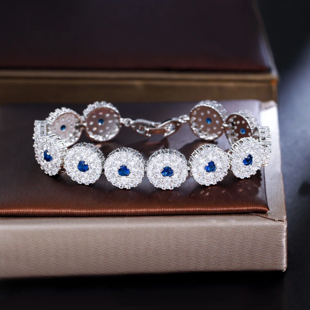 BeaQueen Delicate Round Tennis Bracelet for Women Shiny Blue White Color Micro Pave Cubic Zirconia Banquet Dinner Jewelry B232