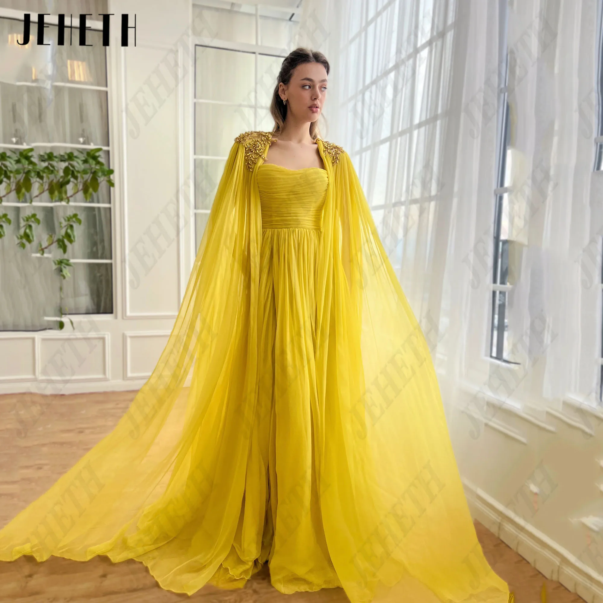 JEHETH Chiffon A-Line Prom Dress With Jacket Sweetheart Side Split Party Gowns Sleeveless Applique Backless Vestidos De Fsta