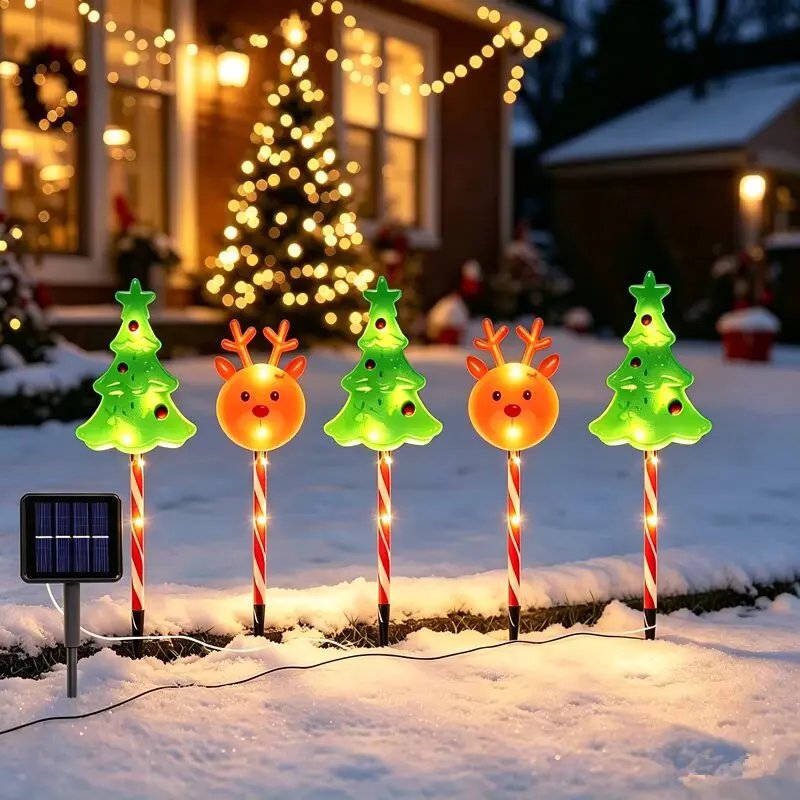 Solar Christmas Pathway Stake Lights 5PC Xmas Tree&Reindeer LED Garden Lights Outdoor Waterproof Solar Candy Cane Lawn Lights