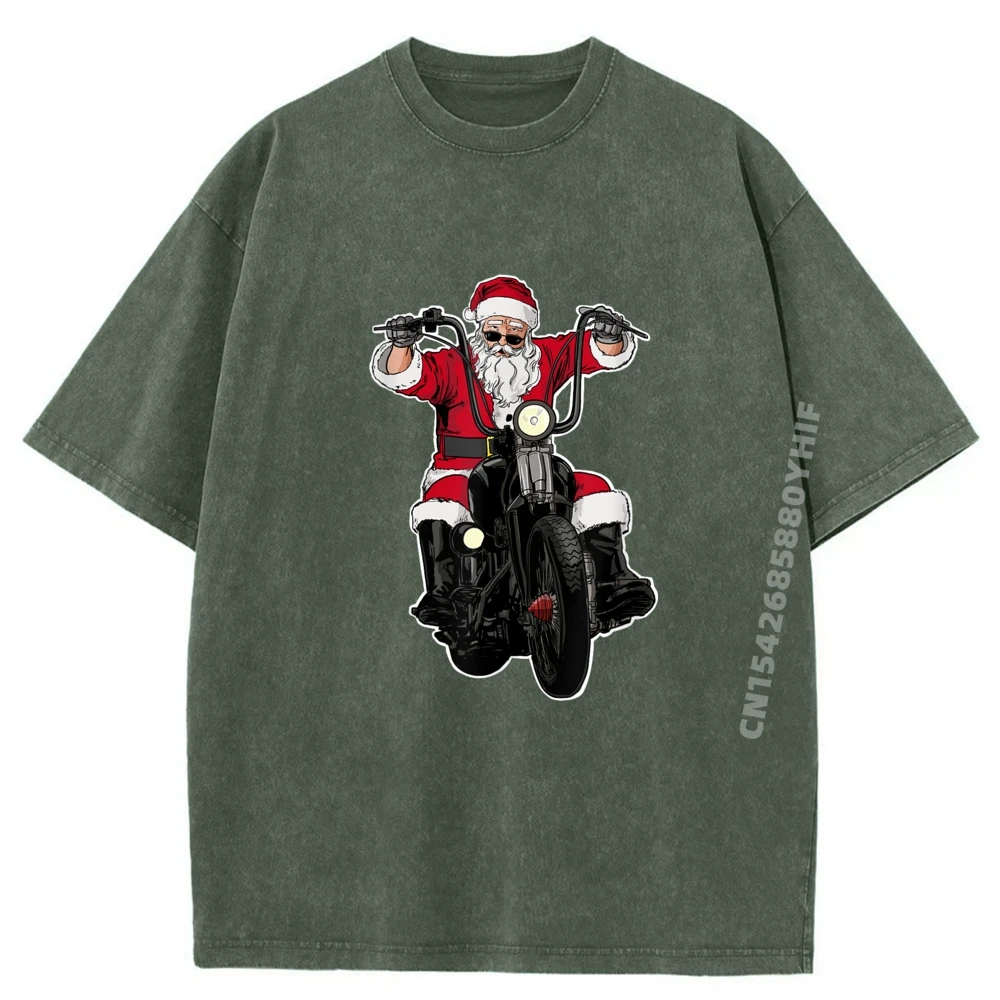 

Biker Santa Santa On Motorcycle Tees Family Retro Washed T Shirt Graphic Tees Men Oversized New In Tops And T-Shirts