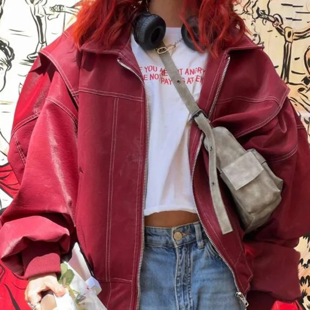 Chaquetas geniales de solapa recortadas empalmadas de cuero PU de otoño para mujer abrigos Vintage de moda