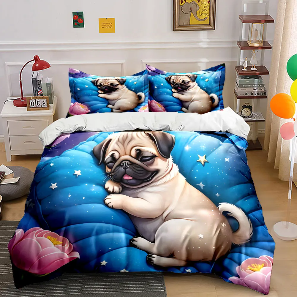 3Pcs Sleeping Pug Puppy Star Flower Duvet Cover Set, Blue Cushion Night Nursery Bedding Single Double King Queen, Gift