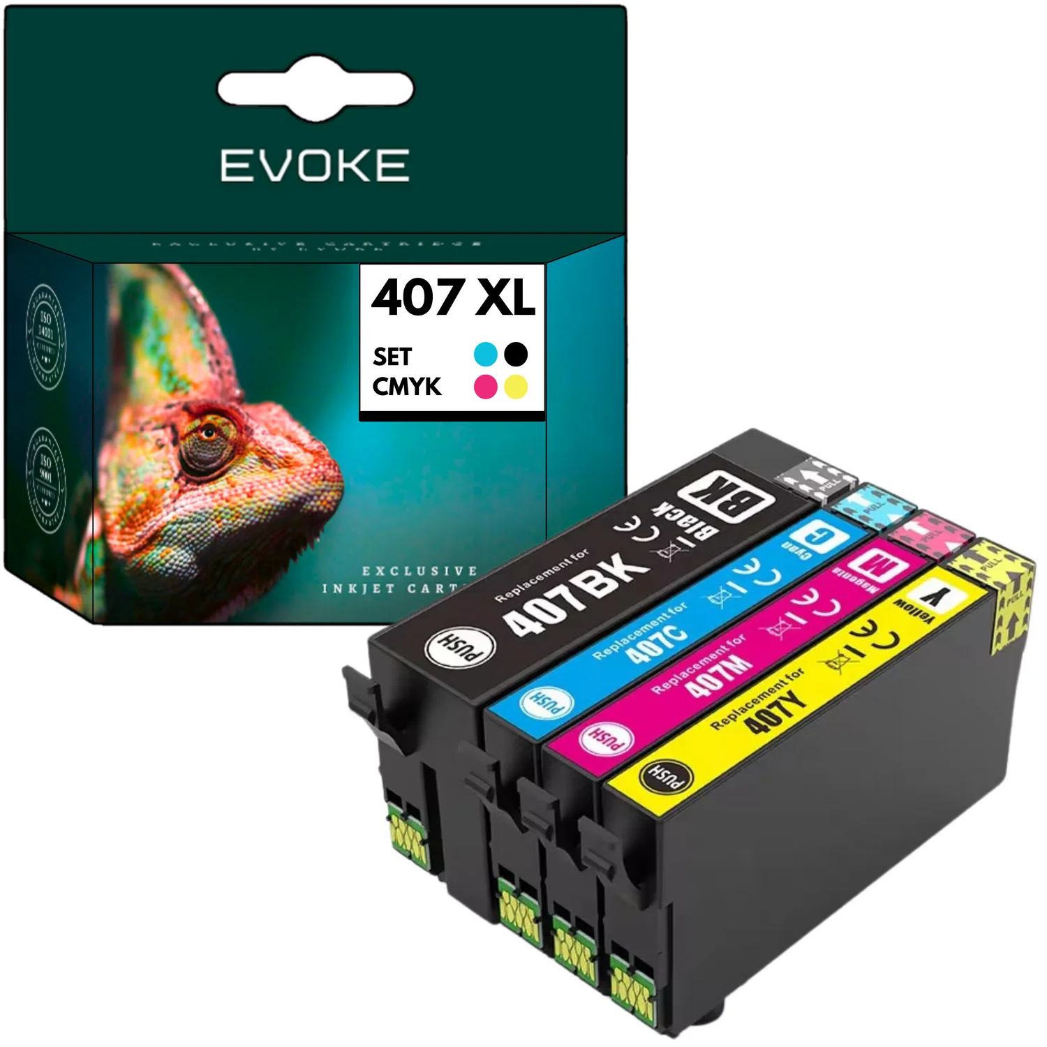 Evoke Compatibele Inkt voor Epson 407XL 407 XL 407L 4X Cmyk: Zwart, Cyaan, Magenta, Geel 123 ml 6700 Pagina's Workforce Pro Wf-4720Dwf 4730Dtwf 4735Dwf 4740Dtwf 4745Dtwf