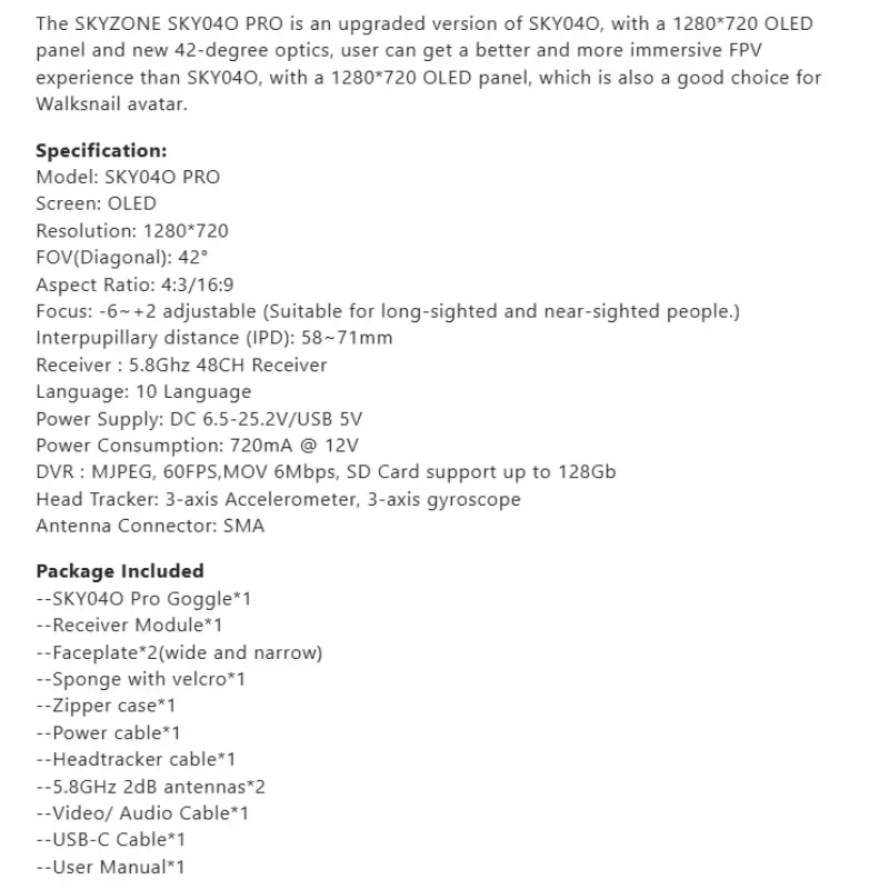 

2025 hot sale SKYZONE SKY04O PRO Plastic Remote Control 5V Output Voltage Function Accessory for s