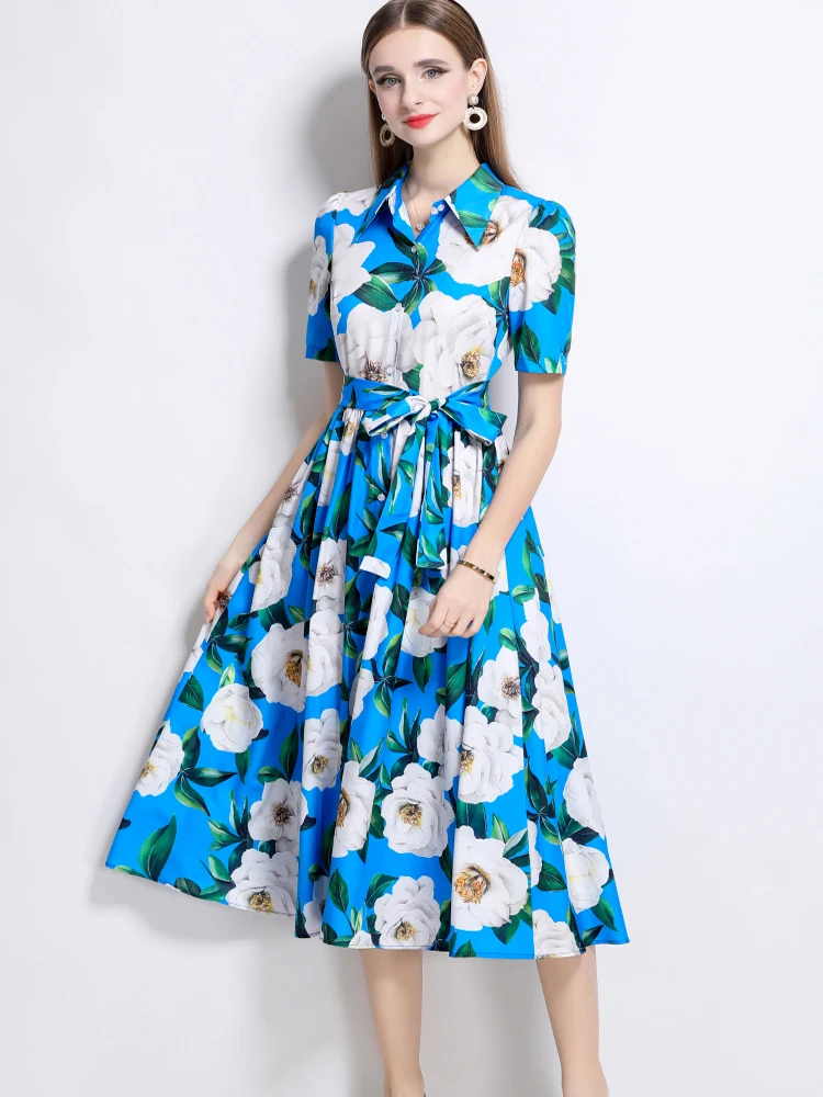 2025 新しい夏のファッション花柄シャツドレス女性のための半袖ラペル女性 Signle ブレストベルトホリデーパーティードレス