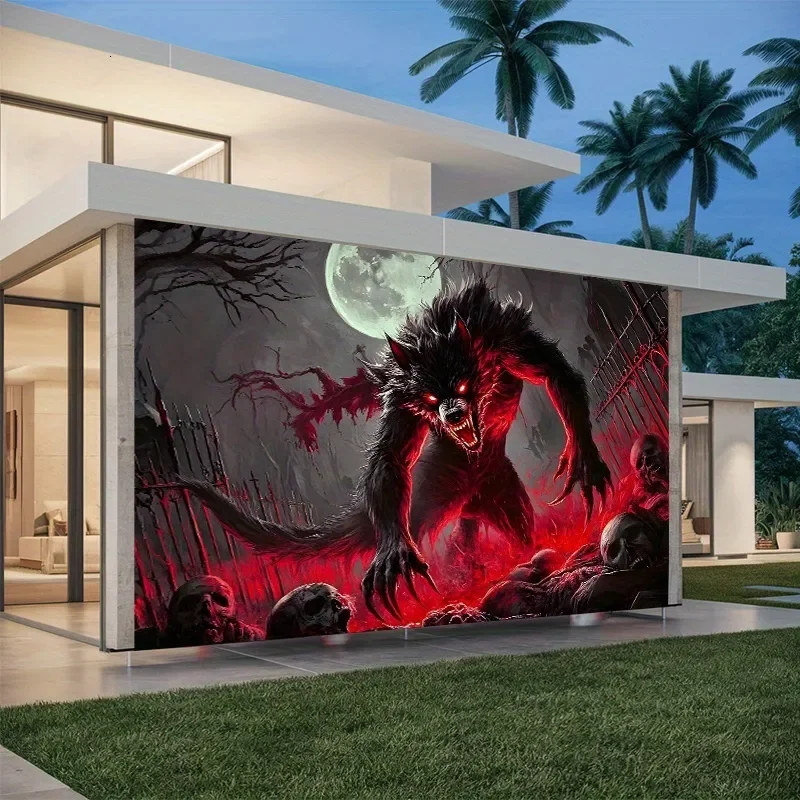 VIKAMA Halloween Gothic Wall Tapestry Blood Red Full Moon Hell Werewolf Cemetery Skeleton Horror Wallcloth Hanging Party Decorat