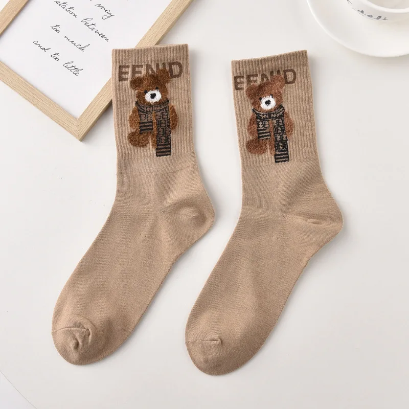 Spring Autumn Winter Cartoon Women\'S Socks Cotton Mid-Tube Cute Bear Print Trend Short Socks Comfortable Breathable Sports Socks