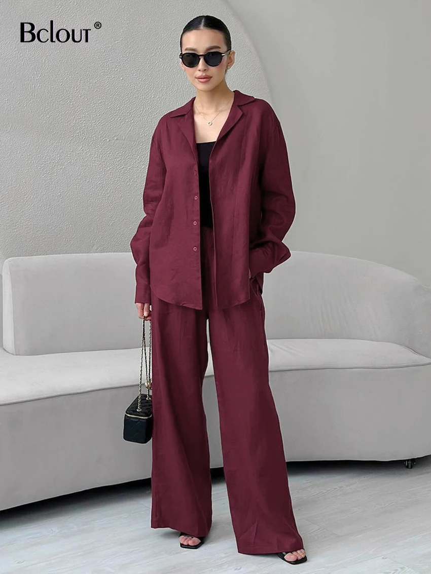 Bclout Autumn Wine Red Linen Pants Sets Women 2024 Pieces Elegant Long Sleeve Loose Blouses Fashion Wide Leg Pants Suits Outfits