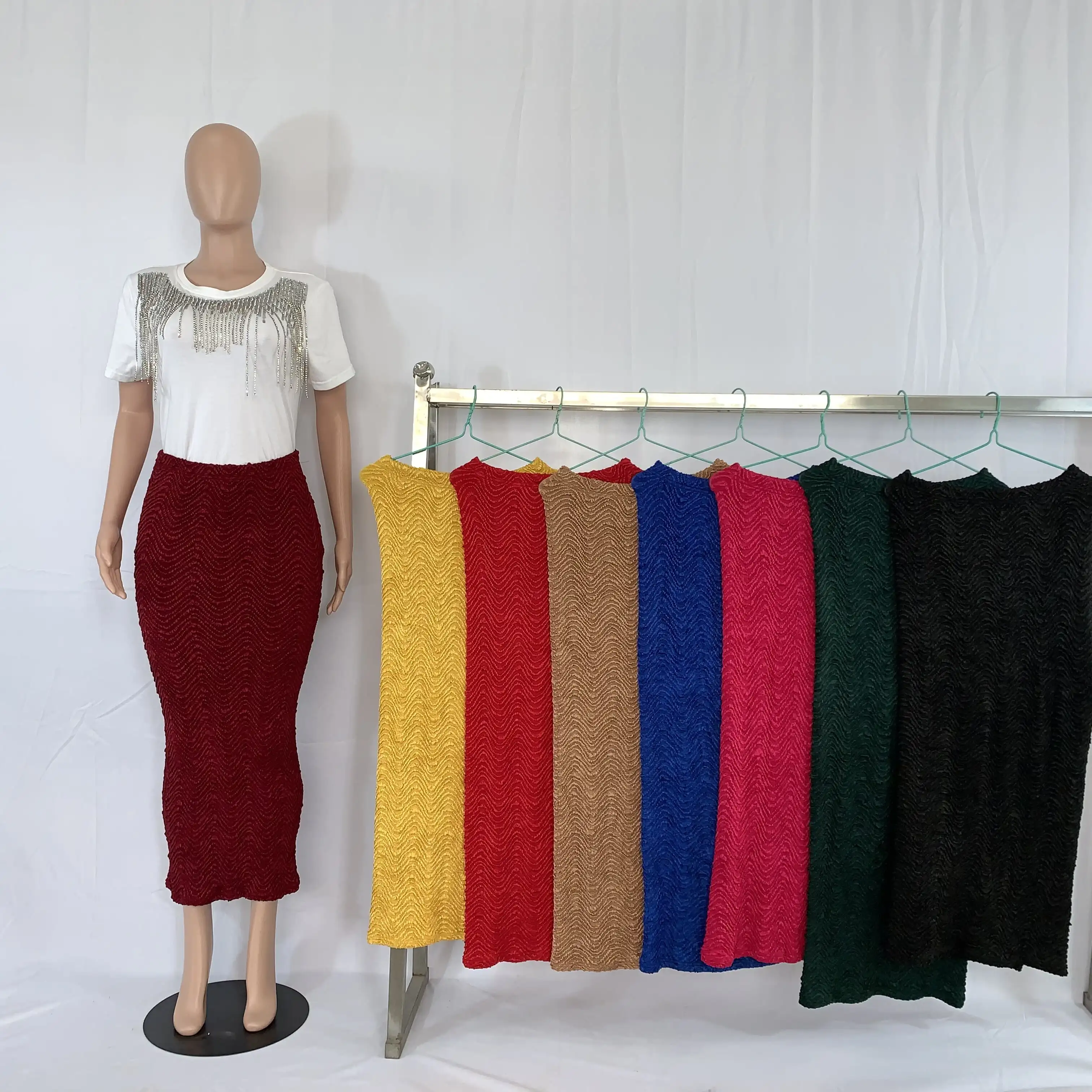 2024 Spring Summer 190904# New Type Knitted Long Fashion High Waist Pastel Hot Sale Dress Colorful Plus Size Skirt