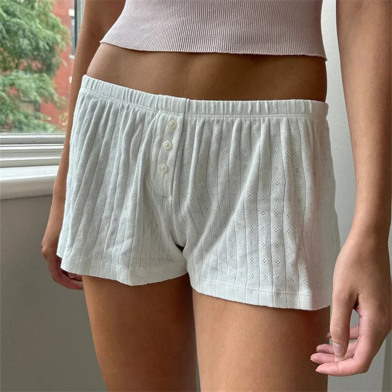 Y2k Cute Print Eyelet Short Pants Women Cotton Front Buttons Elastic Waist Casual Homewear 2024 Summer Vintage Sweet Bottoms