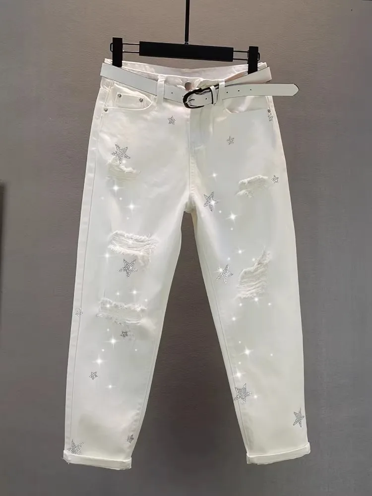 

Women's White Jeans Korean Ins Loose High Waist Harun Pants Summer Star Hot Drilled Broken Hole Street Nine Point Denim Trousers