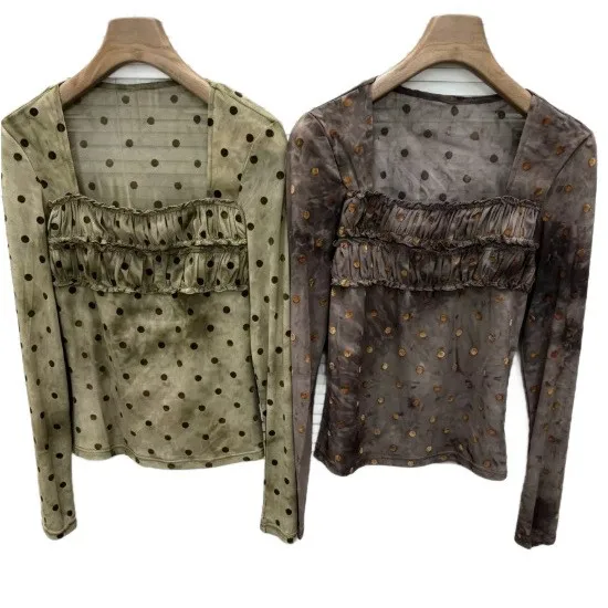 Polka Dot Long Sleeve Top Loose Fit Sweet and Fresh with Square Neck Sheer Ruffle Drawstring Puff Detail T Shirts for Women