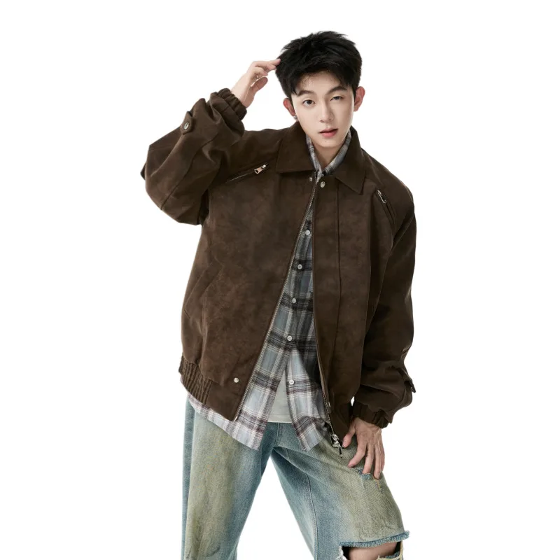 

2025 Autumn Jacket Men's Retro Cracked Leather Workwear Maillard Coat Loose Style Trendy Cool Casual Outerwear