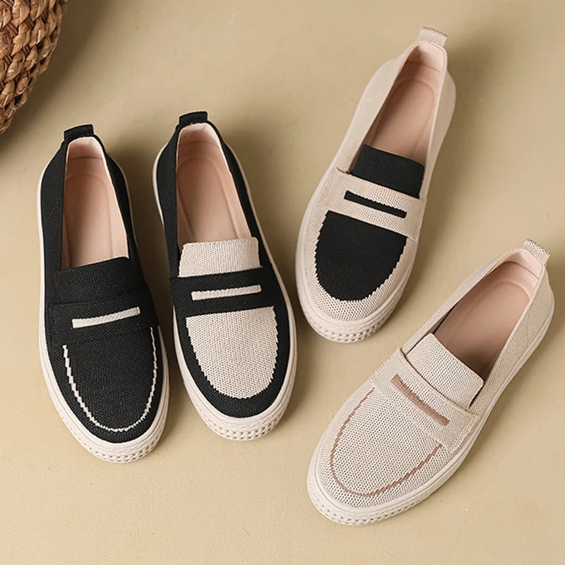 Women's flat shoes knitted breathable anti slip rubber sole casual comfortable flat shoes 2023 new model